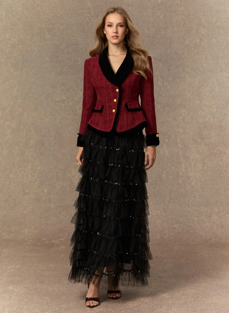 سنفير Graceful Arrival Burgundy Tweed Jacket & Tiered Tulle Skirt Set